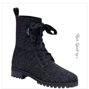 Kate Spade Merigue Black Glitter Knit Combat Boots Lug Sole 6 New